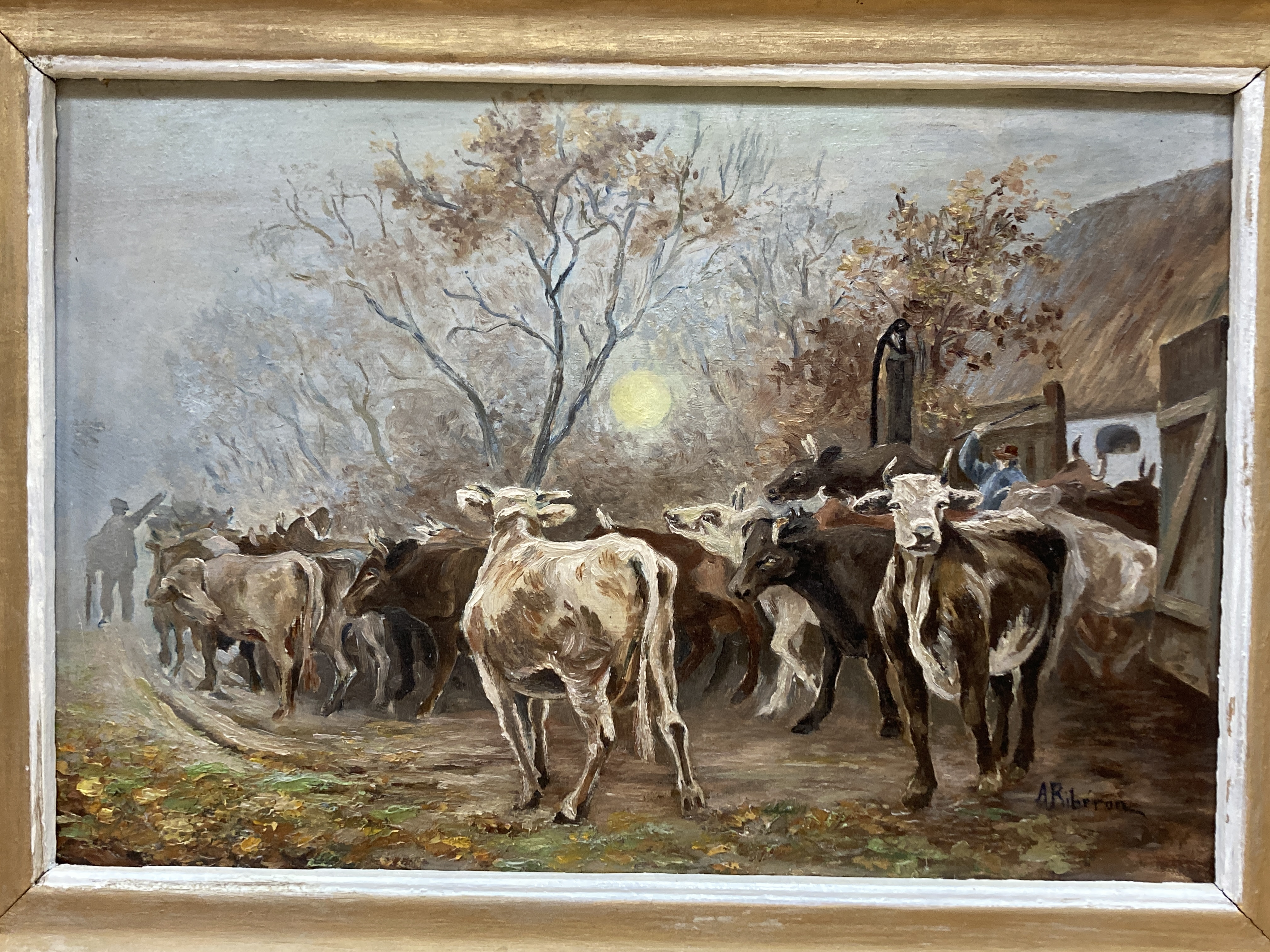 A. Riberon, oil on board, Cattle leaving a barn, signed, 33 x 49cm and an oil of a woman in a garden, 30 x 38cm